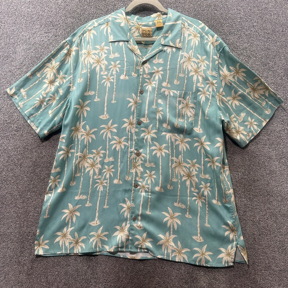 Jos A Bank Hawiian Camp Shirt Men XXL Blue 100% Silk Palm Tree Tropical Vacation